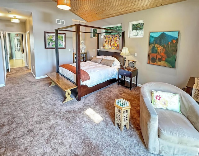 bedroom featuring ceiling fan, vaulted ceiling, carpet floors, and wood ceiling