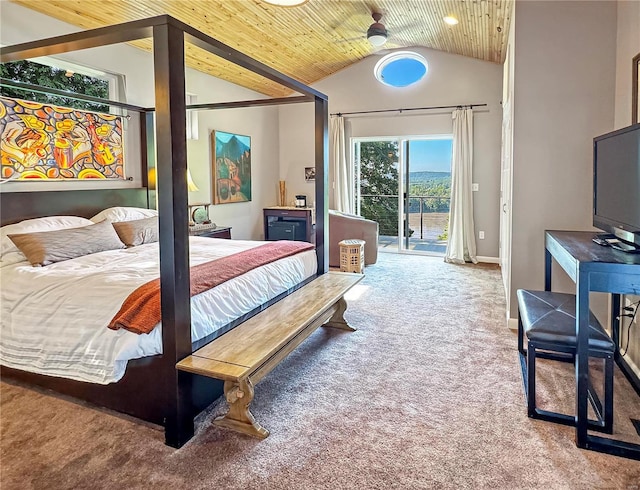 carpeted bedroom with wood ceiling, ceiling fan, lofted ceiling, and access to outside