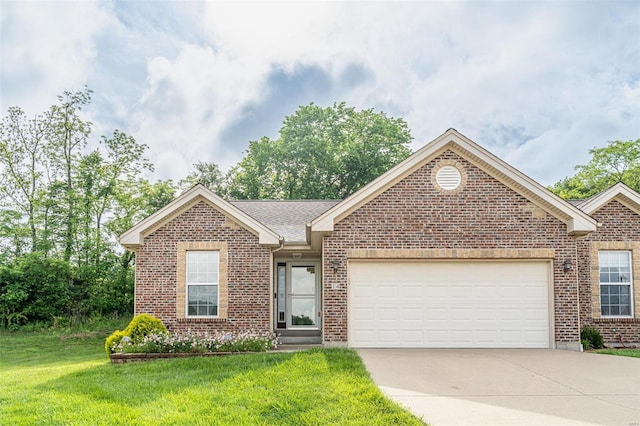 single story home with driveway, a garage, brick siding, roof with shingles, and a front yard