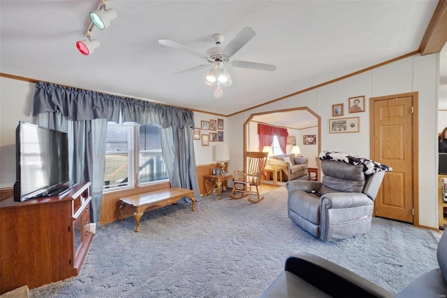 living room featuring carpet floors, ornamental molding, rail lighting, and ceiling fan