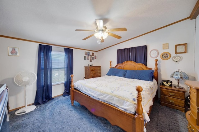 carpeted bedroom with vaulted ceiling, ornamental molding, and ceiling fan