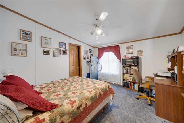 carpeted bedroom featuring crown molding, vaulted ceiling, and ceiling fan