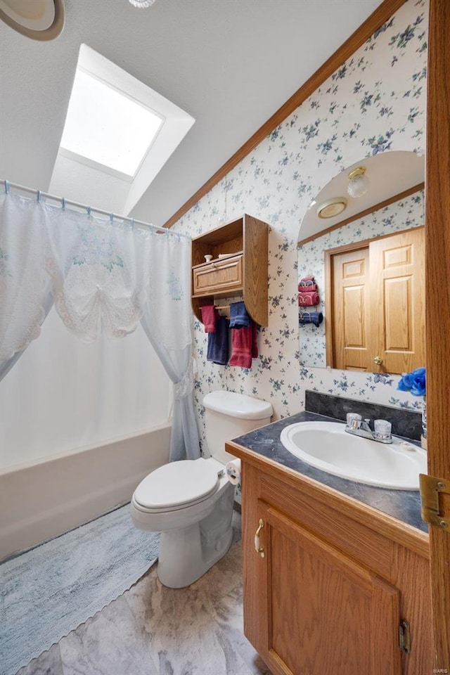 full bathroom with lofted ceiling with skylight, crown molding, vanity, toilet, and shower / bath combo