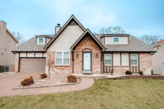 view of front of house with a garage, concrete driveway, a shingled roof, and brick siding