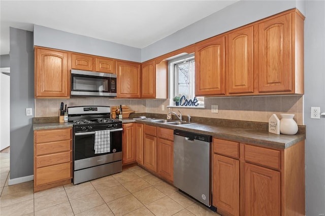 kitchen featuring a sink, appliances with stainless steel finishes, tasteful backsplash, brown cabinetry, and dark countertops