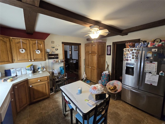 kitchen with stainless steel fridge with ice dispenser, beam ceiling, and ceiling fan