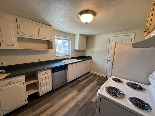 kitchen with sink, white appliances, white cabinetry, dark hardwood / wood-style floors, and a textured ceiling