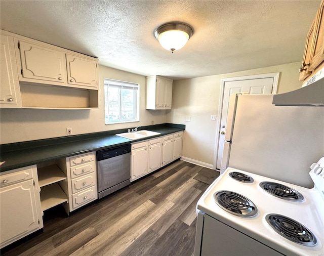 kitchen featuring white cabinetry, sink, dark hardwood / wood-style flooring, white appliances, and a textured ceiling