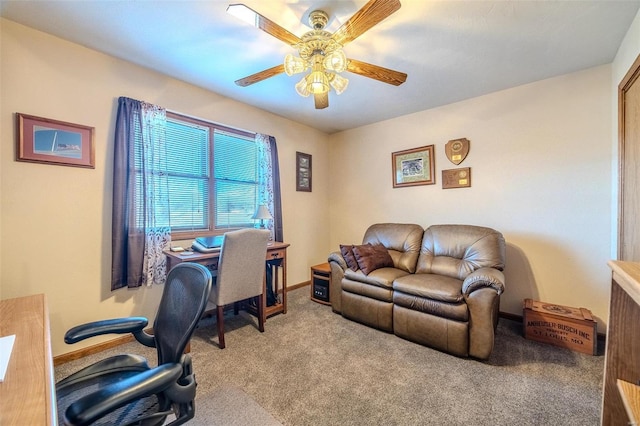 office with light carpet and ceiling fan