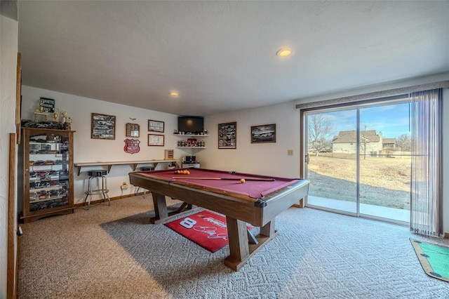 game room with carpet and pool table