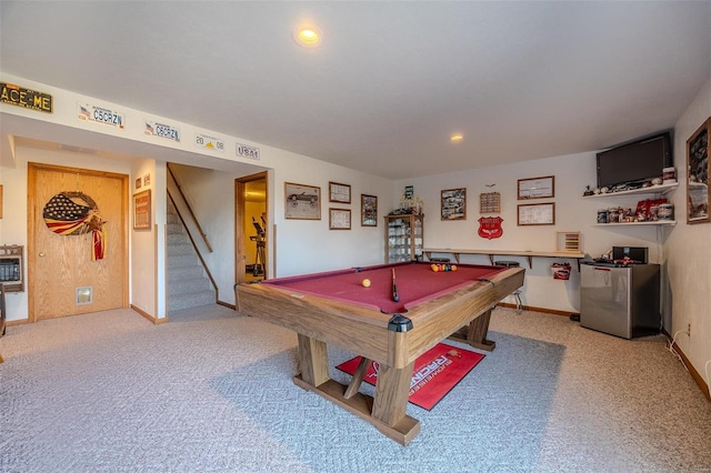 rec room featuring pool table and light carpet