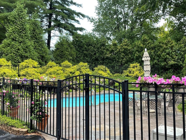 view of gate with a fenced in pool