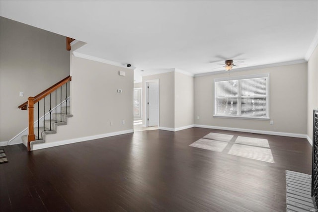 unfurnished living room with ceiling fan, ornamental molding, and dark hardwood / wood-style flooring