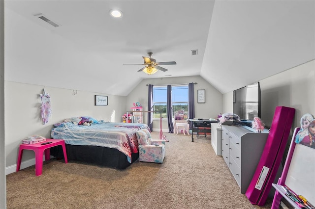 bedroom featuring lofted ceiling, ceiling fan, and carpet flooring