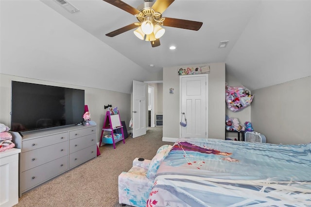 bedroom with light carpet, vaulted ceiling, and ceiling fan