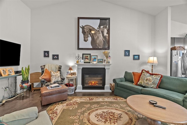 living room with dark wood-type flooring and lofted ceiling