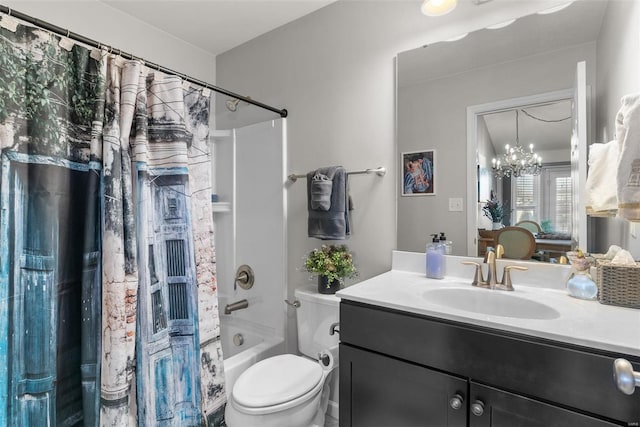 full bathroom with vanity, shower / bath combination with curtain, a chandelier, and toilet