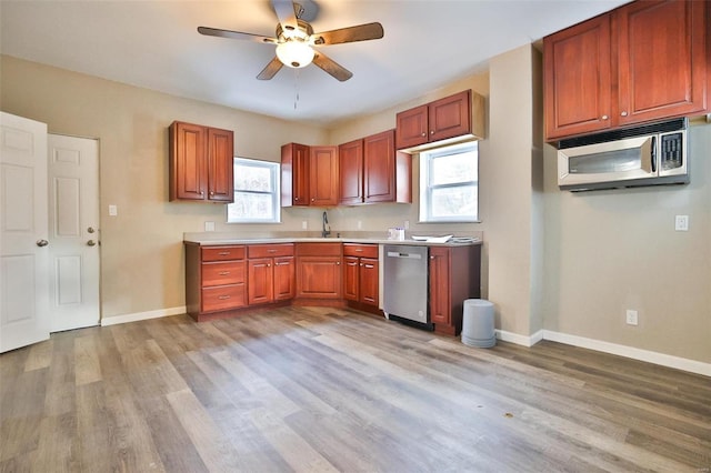 kitchen featuring a healthy amount of sunlight, light hardwood / wood-style flooring, stainless steel appliances, and ceiling fan