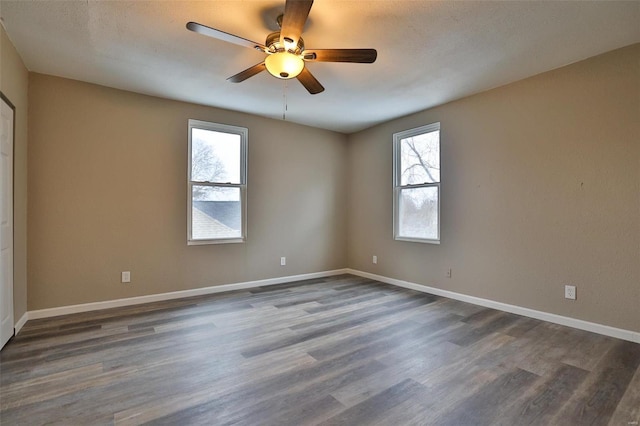 interior space with multiple windows, dark wood-type flooring, and ceiling fan