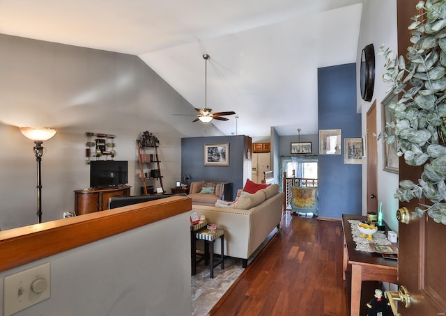 living room with high vaulted ceiling, dark wood-type flooring, and ceiling fan