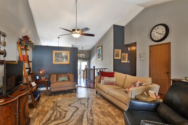 living room with lofted ceiling and ceiling fan