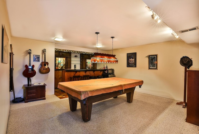 game room with light carpet, track lighting, bar area, and billiards