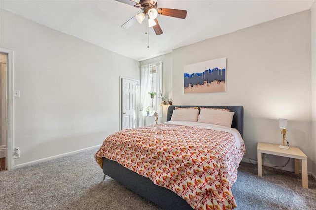 bedroom with baseboards, carpet floors, and ceiling fan