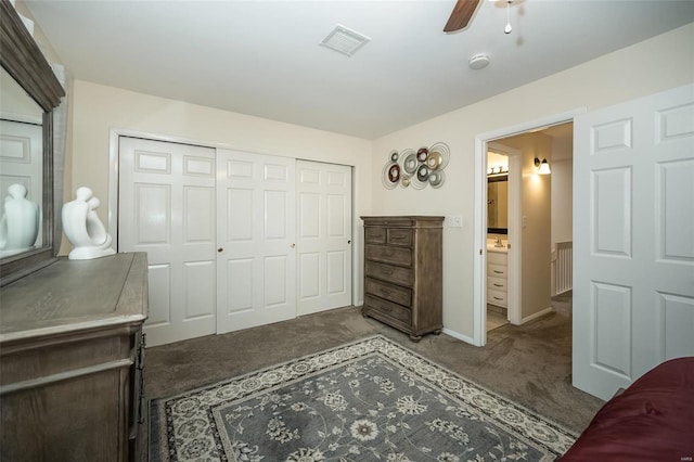 bedroom with a ceiling fan, a closet, carpet, baseboards, and visible vents