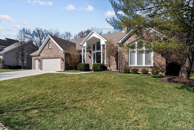 view of front of property with a garage, brick siding, concrete driveway, and a front yard