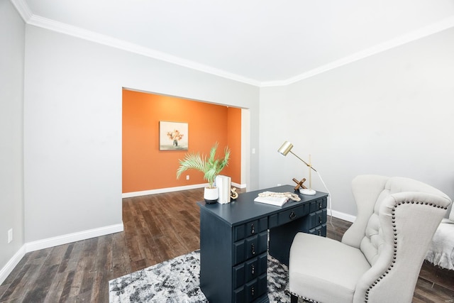 home office featuring crown molding and dark hardwood / wood-style flooring