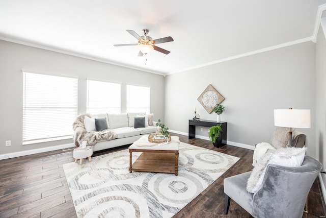 living room featuring ornamental molding, dark wood-type flooring, and ceiling fan