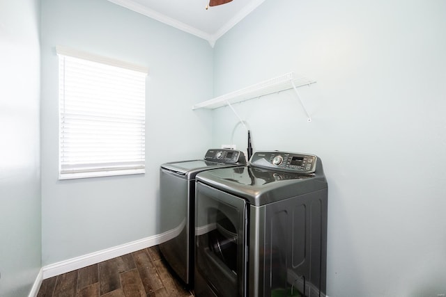 laundry room with ornamental molding, separate washer and dryer, ceiling fan, and dark hardwood / wood-style flooring