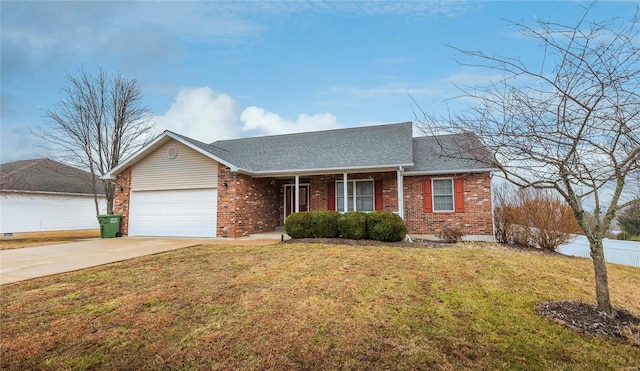 ranch-style home featuring a garage and a front lawn