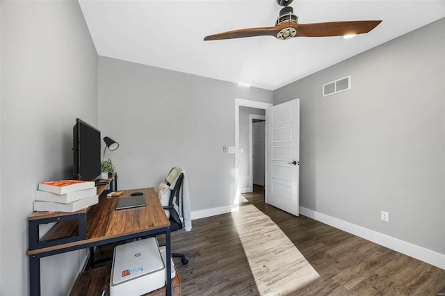 home office with baseboards, visible vents, ceiling fan, and wood finished floors