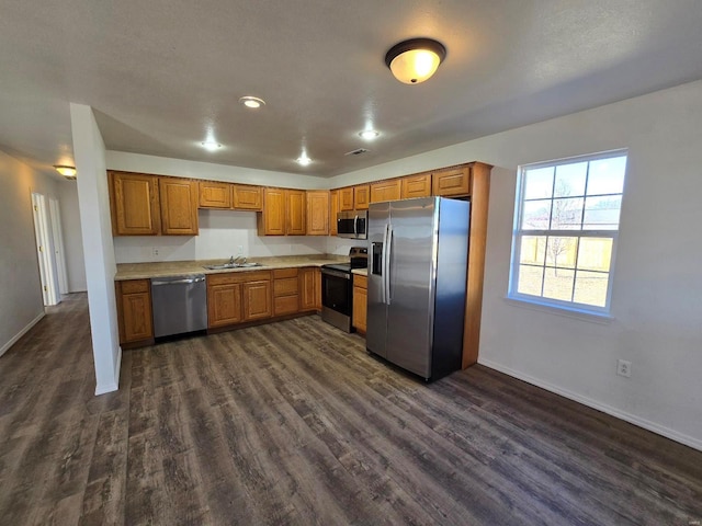 kitchen with appliances with stainless steel finishes, dark hardwood / wood-style flooring, and sink