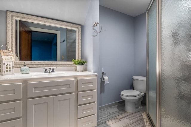 bathroom with vanity, a shower with door, and toilet