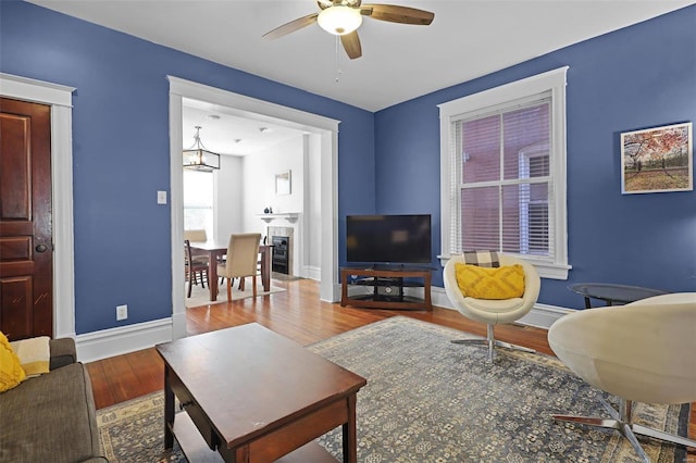 living room with ceiling fan and light wood-type flooring