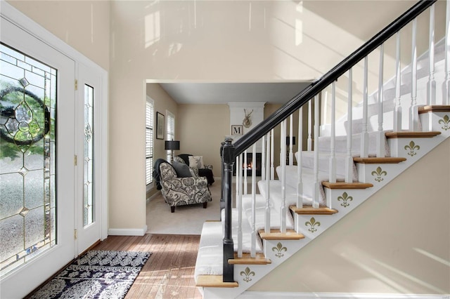 foyer with hardwood / wood-style flooring and a towering ceiling