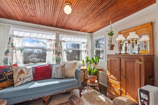 sunroom / solarium with wood ceiling and heating unit