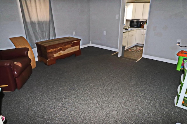 living area featuring dark colored carpet