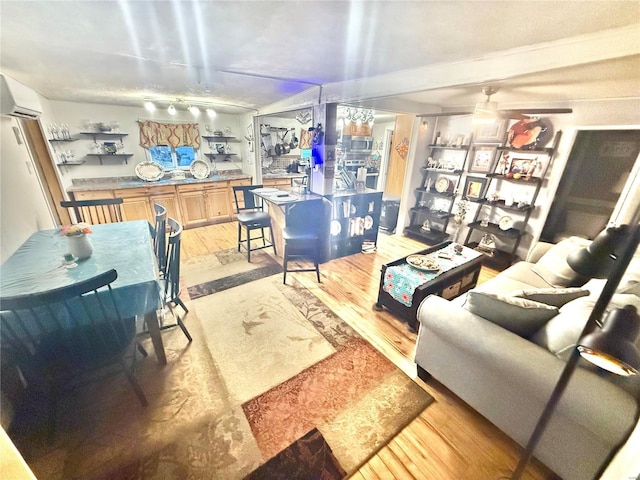 living room featuring light hardwood / wood-style flooring and a wall unit AC