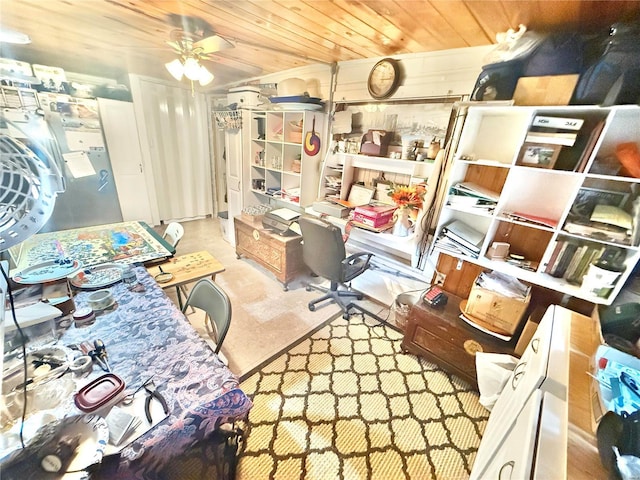 office featuring wood ceiling and ceiling fan