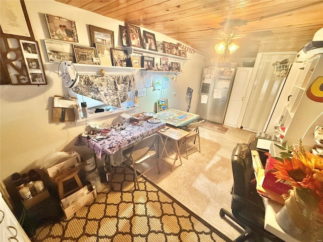 dining space featuring wood ceiling and ceiling fan