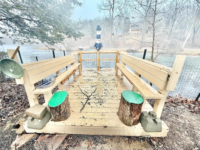 view of community with a deck with water view