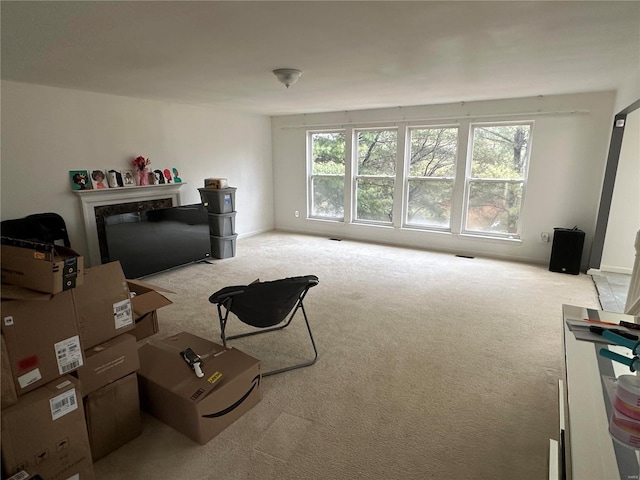 living room with light colored carpet