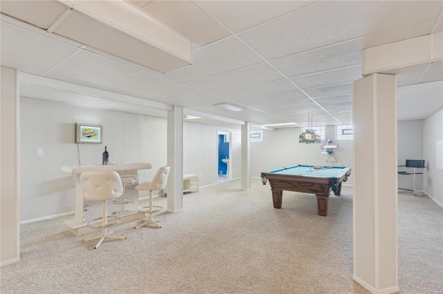 game room with a drop ceiling, carpet floors, billiards, baseboards, and a dry bar