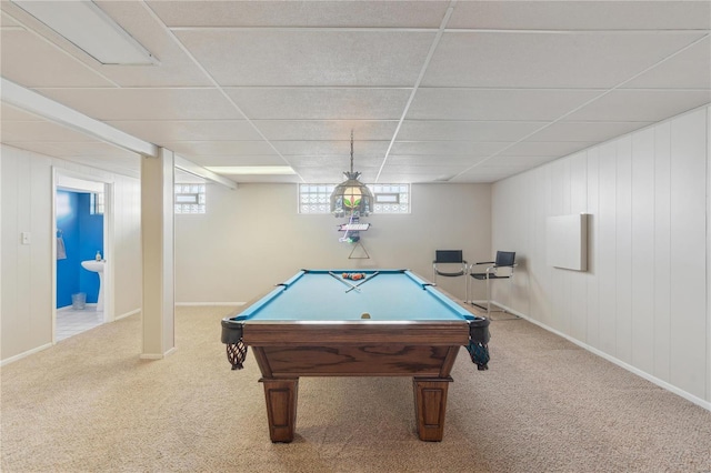 game room with pool table, carpet flooring, a paneled ceiling, and baseboards