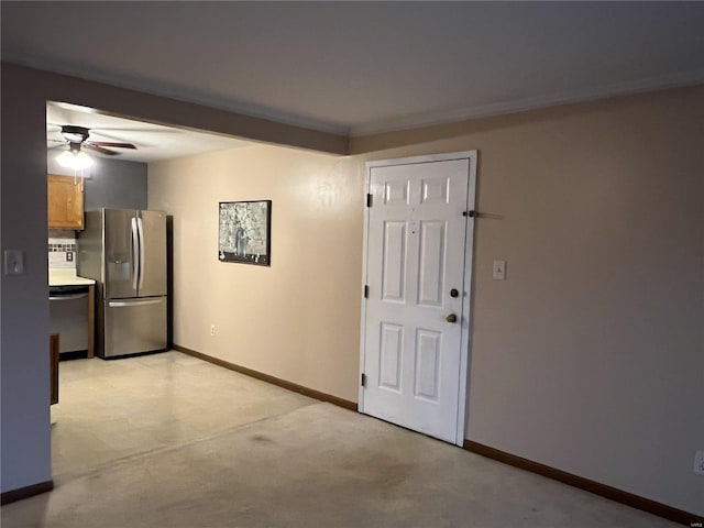 interior space with ceiling fan and beam ceiling