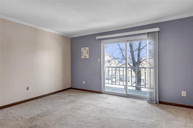 spare room featuring crown molding, baseboards, and carpet flooring