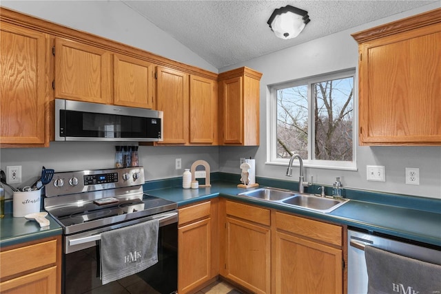 kitchen with stainless steel appliances, lofted ceiling, sink, and a textured ceiling